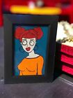 New ListingRed Hair Girl Big Eyes Red Lipstick Hoops Ooak Framed Painting Original