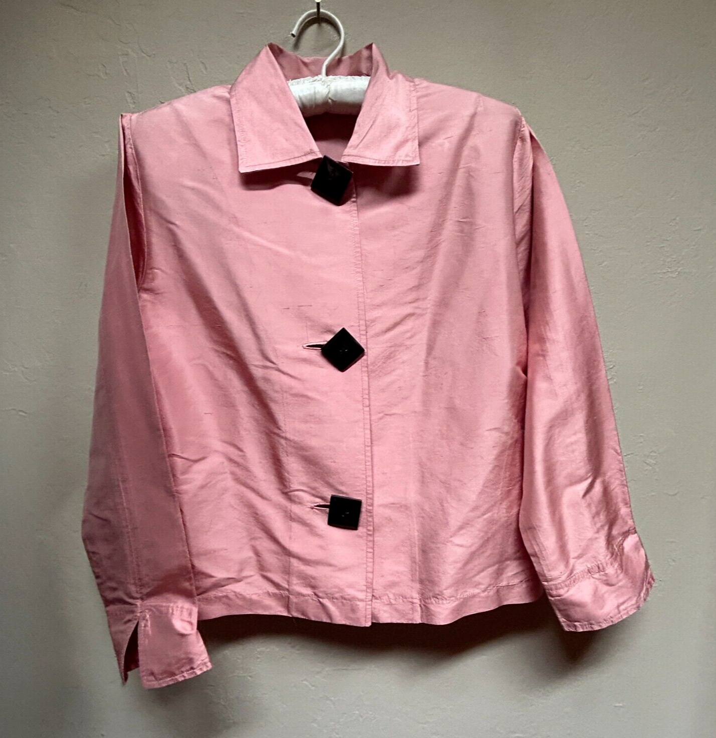 Camicetta vintage dipinta pony unica USA donna seta bottoni davanti XS rosa