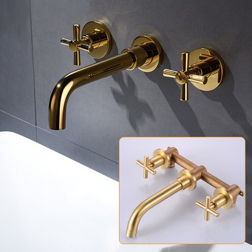 Wall Mount Bathroom Basin Antique Brass Sink Tub Faucet Dual Handle Mixer Tap