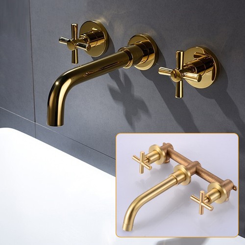 Modern Wall Mount Bathroom Sink Brass Mixer Faucet Tap 2 Handle Brushed Gold NEW - Picture 1 of 13