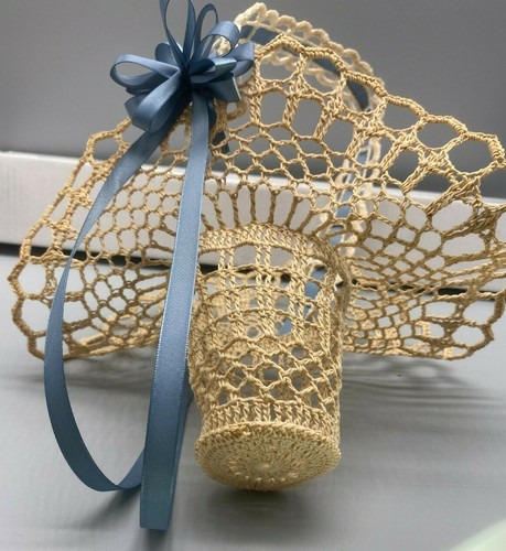 Hand Crocheted Starched Basket with Ribbon Trim French Country Granny Chic Boho
