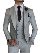 Men Suits 3Pcs Slim Fit Single Breasted Tuxedo Peak Lapel Jacket Vest Pants