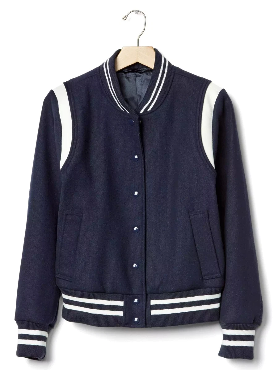 GAP Navy Wool Leather Varsity Bomber Saint Teddy Jacket XS eBay