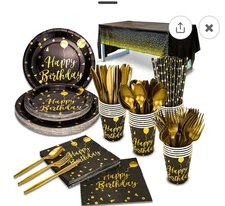 201 Pieces Gold Disposable Party Dinnerware Set &Golden Dot Birthday Black