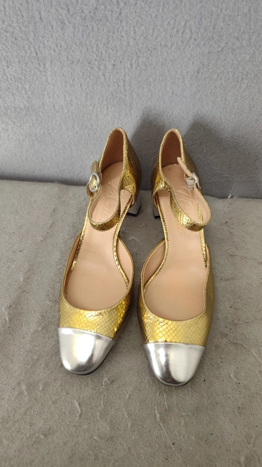 Zapatos de salón J Crew para mujer 8,5 dorado plateado estampado puntera correa al tobillo tacón bloque Foto 2 de 4