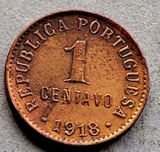 1918 Portugal 1 One Centavo Portuguese Coin  Bronze  World Coin  Europe 