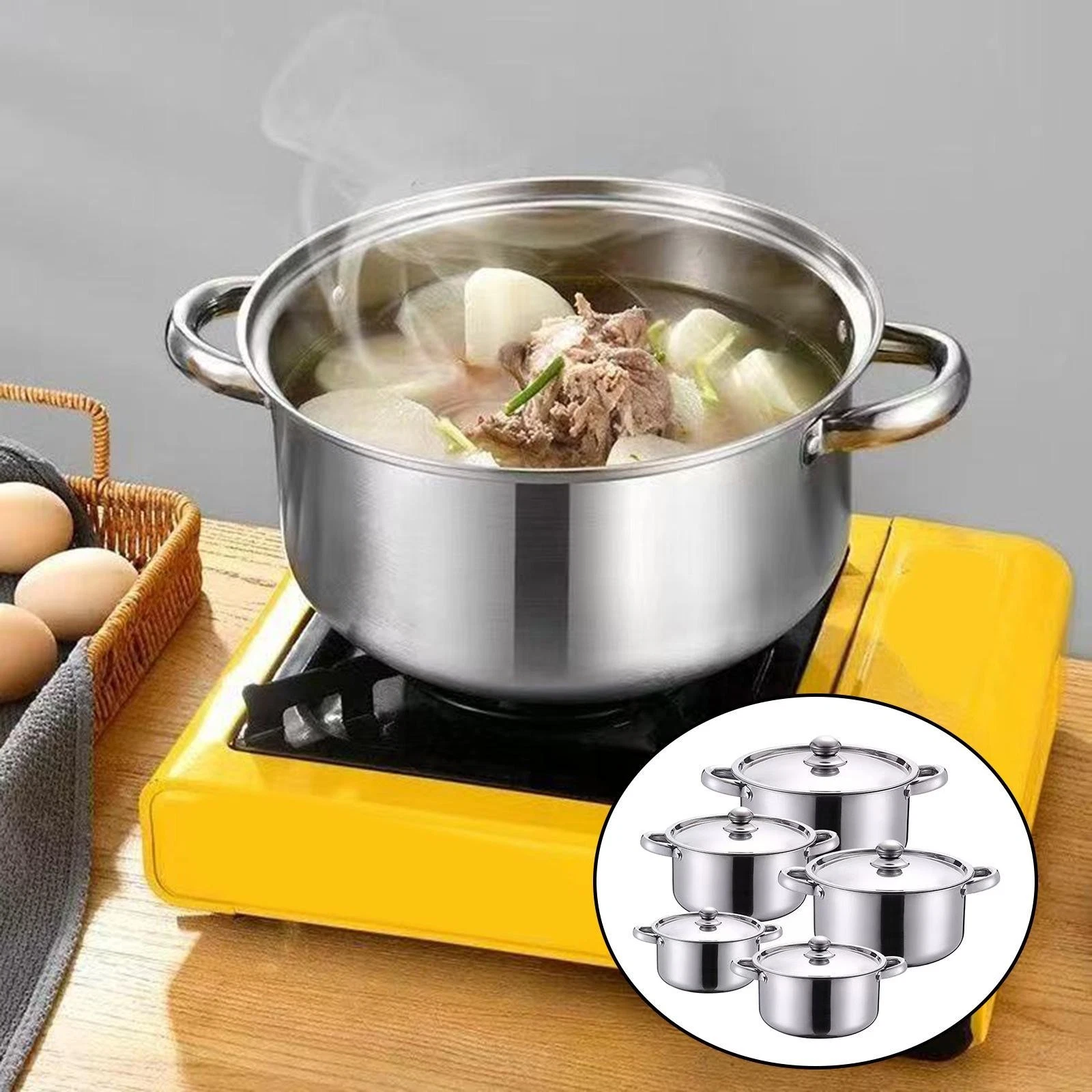 5Pcs Stainless Steel Stock Pots Easy to Clean Even Heating Home Use Stockpot