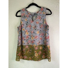 Cabi Floral Tank Top Striped Sleeveless Keyhole Blouse Casual S