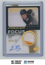 2023-24 UD Premier Focus Auto Patch Rookies Gold Connor Zary /49 #PFR-CZ Calgary