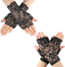 2pairs Lace Fingerless Gloves for Women,Short Black Fingerless... 