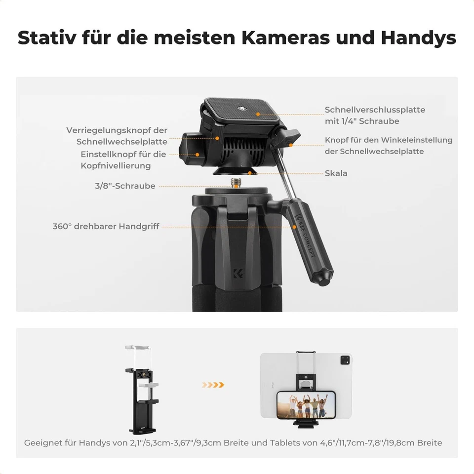 K&F Concept Kamera Stativ 190cm Leichtes Camera Tripod mit Abnehmbar 3-Wege-Kopf - Bild 3 von 4