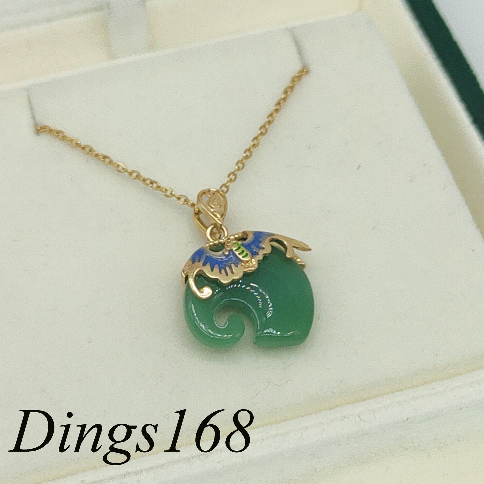 18K Gold Filled Green Jade Elephant Pendant Cable Chain Necklace Ships from USA
