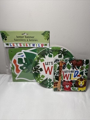 LET S GET WILD PARTY SUPPLY SET: NAPKINS PLATES BANNER Giraffe Monkey Lion Tiger