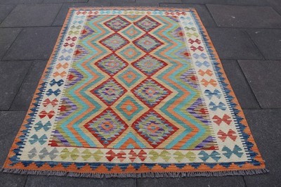 Kelim Vintage Traditionell Handgemacht Orientalisch Orange Grün Wolle 210x152cm