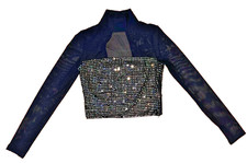 GUESS Women's Beatriz XS Black Sequin Mock Neck Cutout Sheer Crop Top
