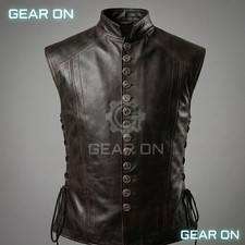 Men's Brown Genuine Leather Vest Gothic Steampunk Biker Medieval Waistcoat