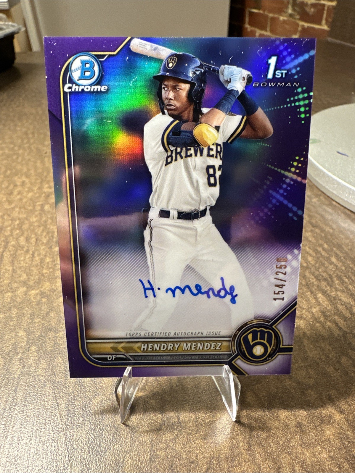 2022 Bowman Chrome Hendry Mendez Purple Refractor Auto /250 CPA-HM Brewers