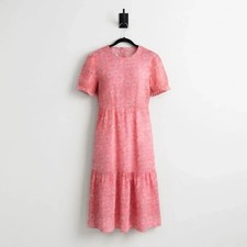 SHEIN Pink Floral Midi Dress Short Puff Sleeve Tiered Smock Summer Casual Size M