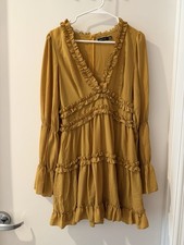 boohoo Women's 4 Yellow Solid Babydoll Short Dress V-Neck Long Sleeve Ruffle