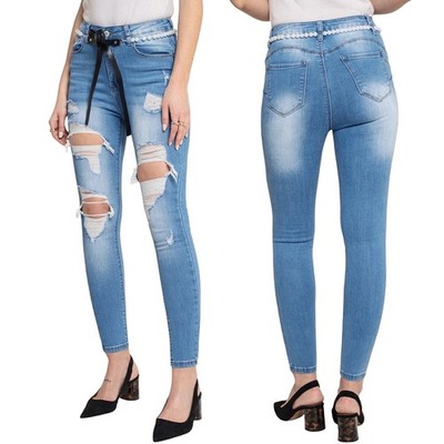 Damen Jeans Skinny Stretch Push Up Denim Perlenkette Schleife Mid Waist SOTALA
