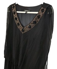 SL Fashions Black Mini Dress V Neck Copper Beads Sheer Flowy Lined GLAM SIZE 10