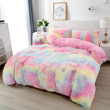 Pink Faux Fur Fluffy Comforter Twin 3-Piece Colorful Rainbow Plush Shaggy Beddin