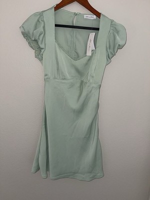 all in favor green dress All in Favor Soft Green A-Line Short Dress XS Puff Sleeve Square Neck Cut  Out
