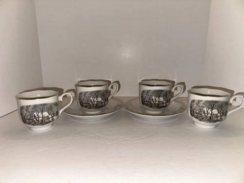 Set of 4 Avon Currier & Ives Winter Scene Tea Cup (Scalloped) & 2 Saucers