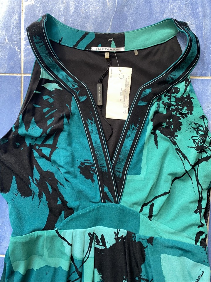 Elie Tahari Dress Size S Vintage Emerald Green Black Graphic Print Knit