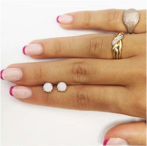 Women 925 Sterling Silver Stamped Round Fire Opal Stud Earrings Gift Box PE19 - Picture 3 of 18