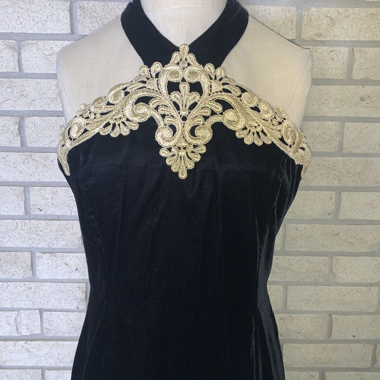 VTG Scott McClintock Petites Long Black Velvet/Gold Lace Bodycon Evening Dress 8