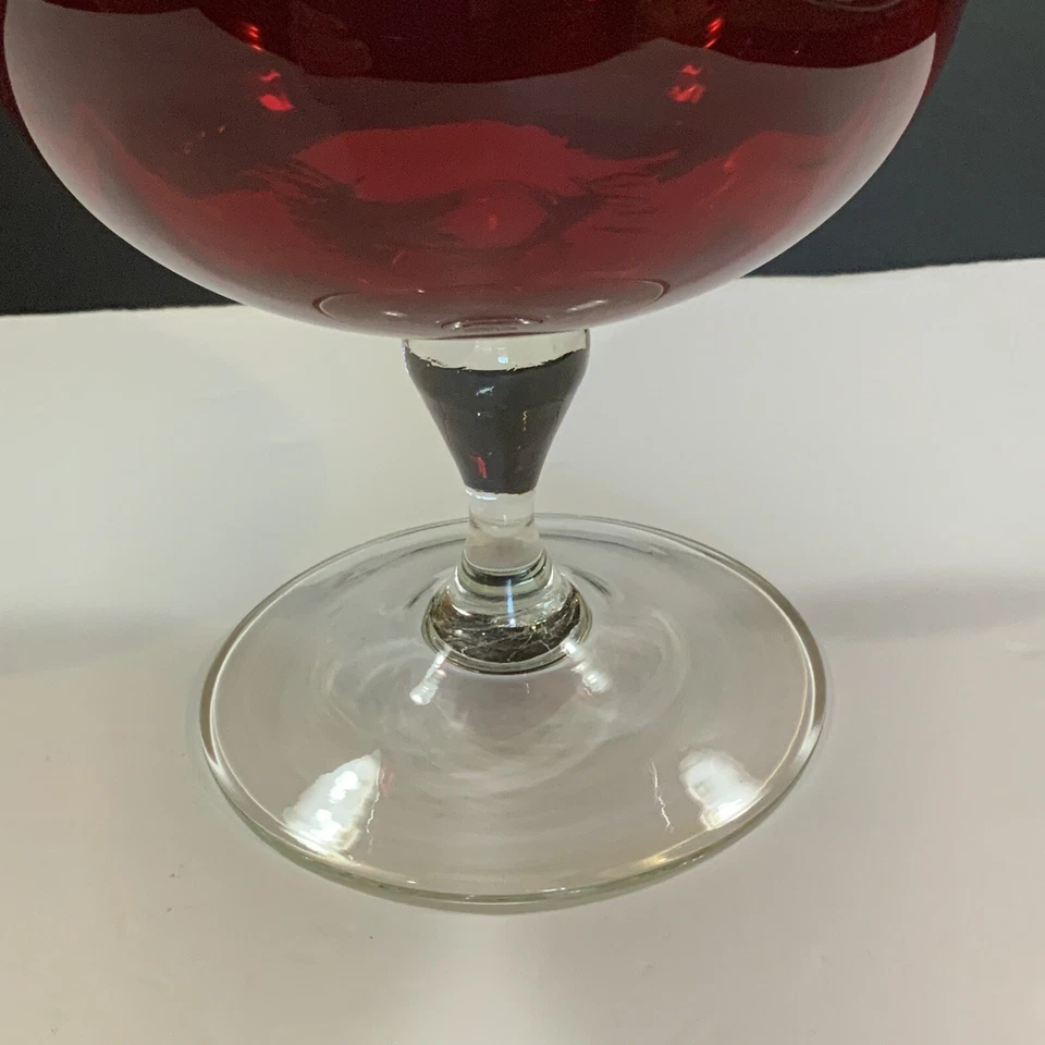 Empoli Vase Ruby Red Brandy Snifter Clear Stem Scalloped Top Vintage Glass - Image 3 of 4