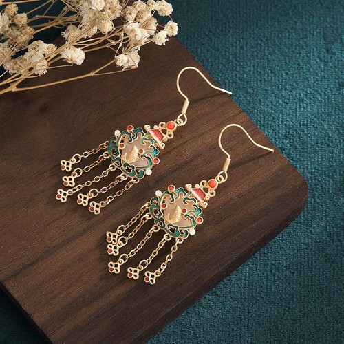 Ancient Jade Ear Jewelry Fish House Ethnic Style Hetian Jade Drop Earrings Women - Picture 4 of 5