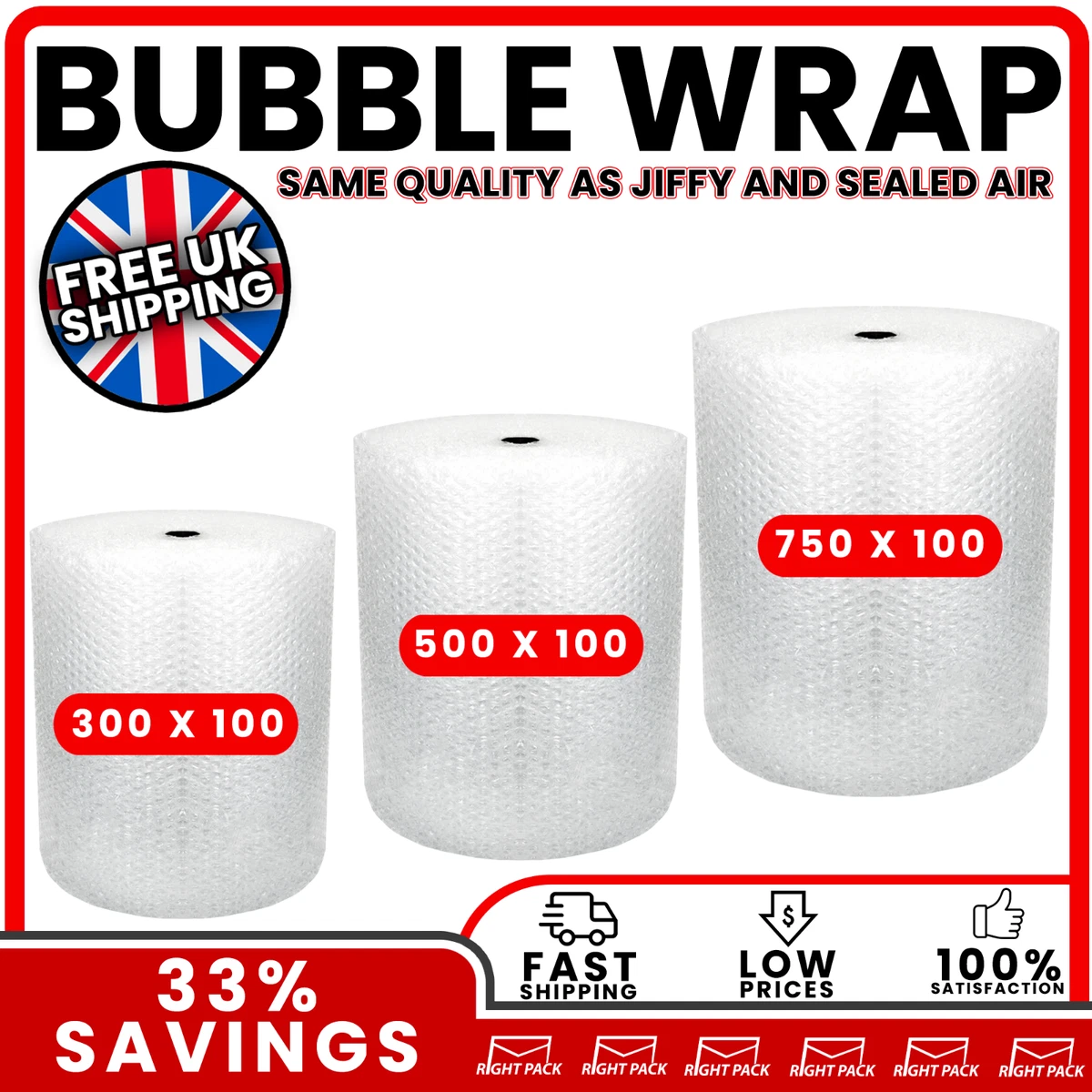 LARGE BUBBLE WRAP ROLLS - SMALL BUBBLE - CHOOSE WIDTH (300mm, 500mm, 750mm)