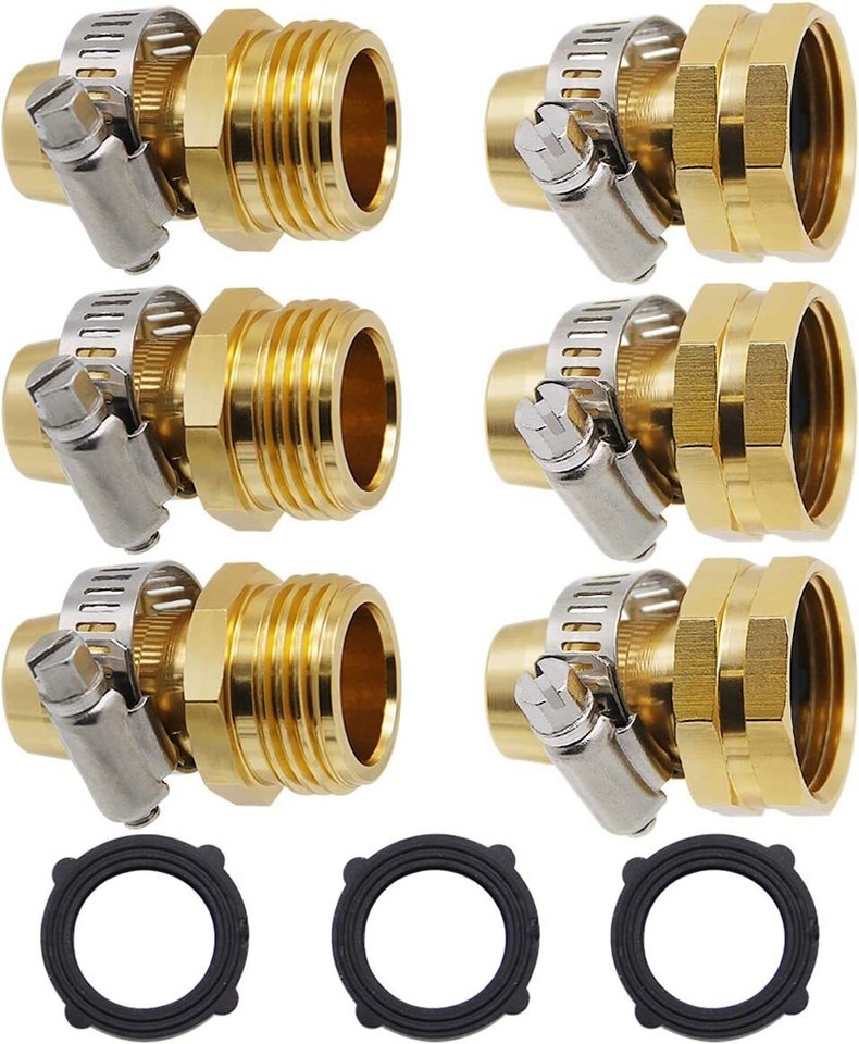 3-Pack 5/8" Brass Garden Hose Connector Repair Mender Kit With Clamps