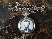 ABRAHAM LINCOLN CHROME POCKET WATCH WITH CHAIN NEW 