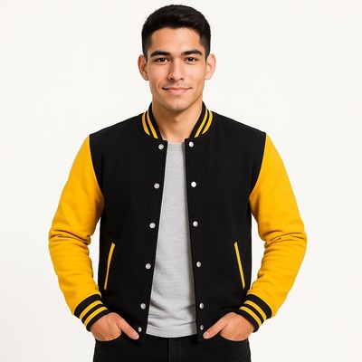 Men Varsity Jacket Black Yellow Real Wool Bomber Letterman College Baseball Coat