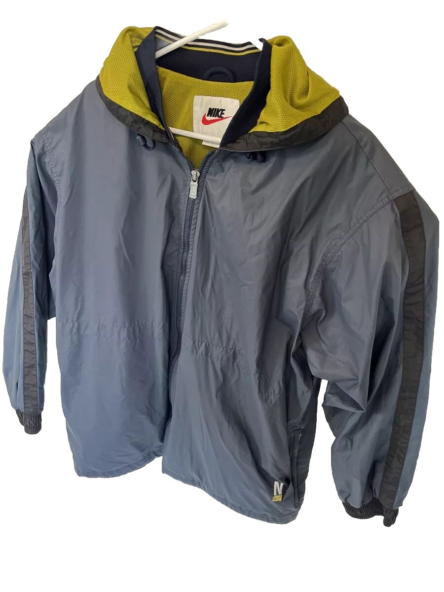 Vtg 90s Nike Wax Jacket Men Sz L Rain Coat Zip Up Varsity Hood Pockets Navy  SEE