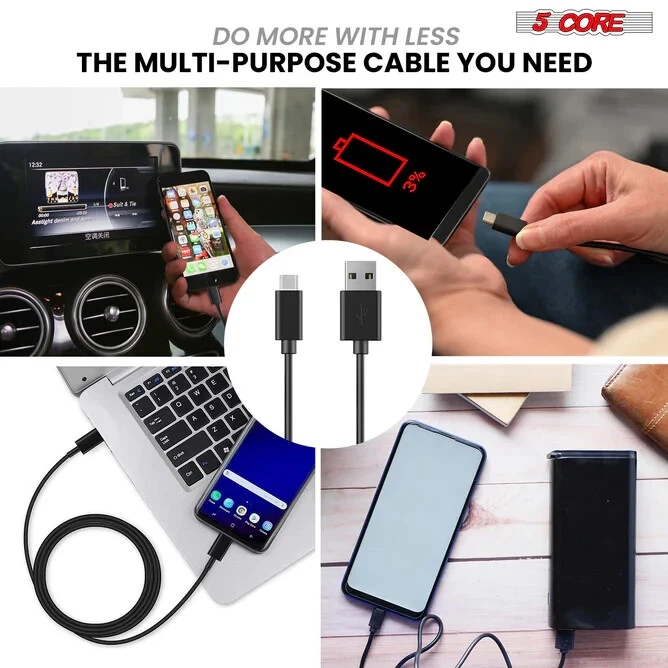 5 Core USB to USB C Cable 5 Pieces Fast Charging & Data Transfer Durable Black - Image 4 of 4