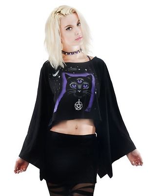 Too Fast Coven Cape Top 3 Eyed Cat Gothic Occult Punk Tattoo Womens Shirt Blouse