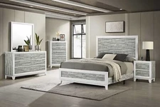 Rustic Gray White King Size 5pc Bed Set Wooden Master Bedroom Furniture