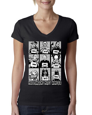 Most Wanted Poster Character MugshotBlack and White Women Junior Fit VNeck