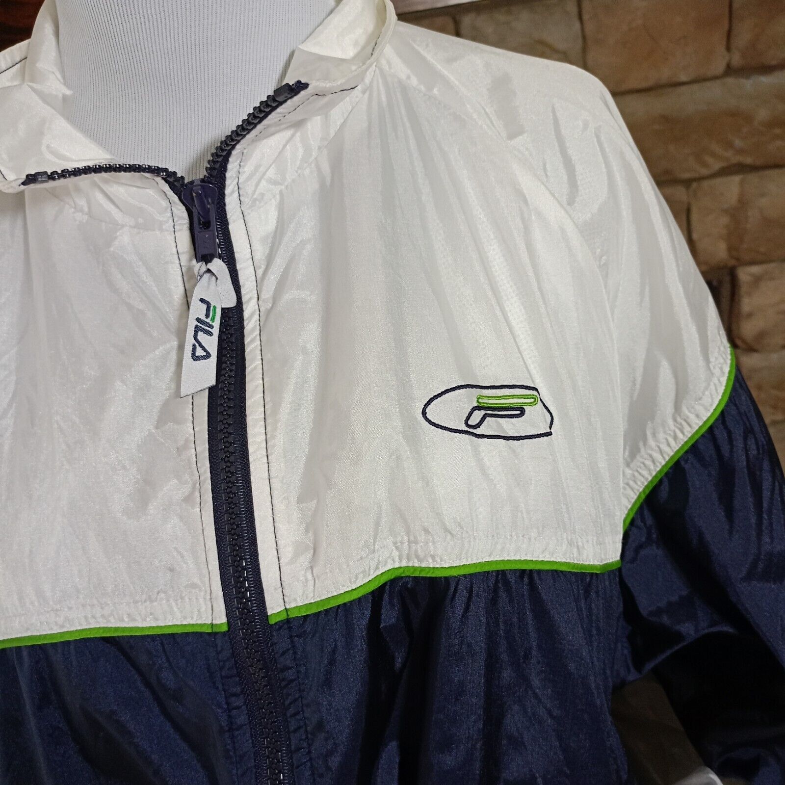 Giacca nylon FILA vintage anni 90 donna bianco blu cinch vita taglia XL