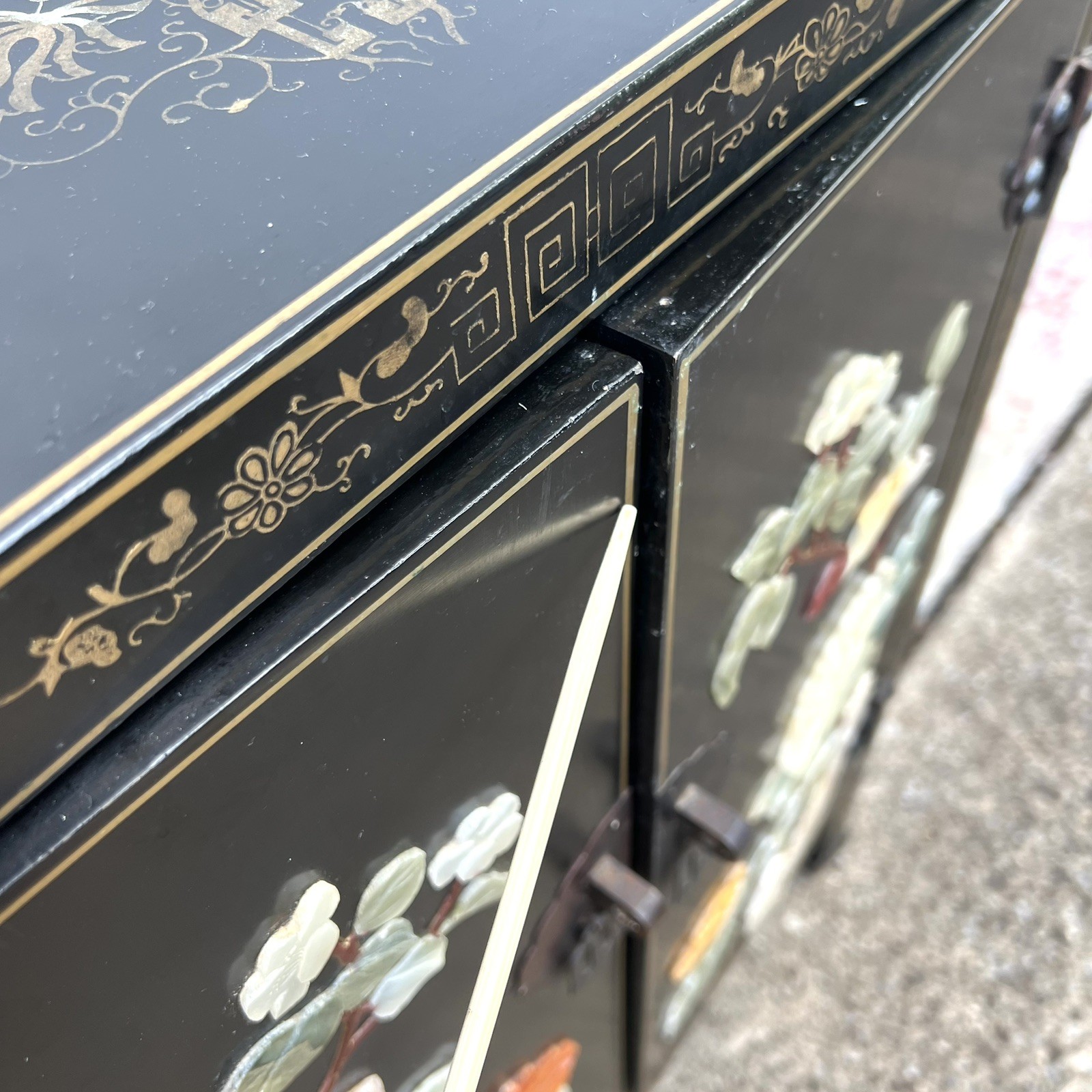 Chinese Black Lacquer Gold Hand Painted Cabinet Stone Relief Bird Flower MCM SEE