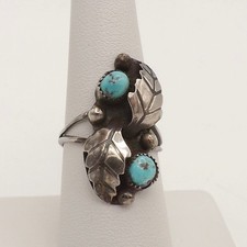 Sterling Silver Turquoise Feathers Leaves Native American Southwestern Ring Vtg