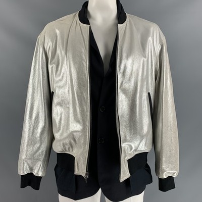 3.1 PHILLIP LIM Size L Silver Black Mixed Materials Bomber Jacket