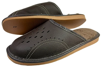 Herren Leder Hausschuhe Pantoffeln Braun gefüttert mit Lammwolle Winter Gr.40-46 - Bild 1 von 4