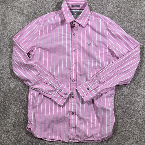 American Eagle Premium Vintage Fit Striped Button Shirt Mens Medium Pink Preppy - Picture 2 of 15