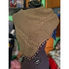Serra Cable Knit Shawl Women One Size Brown Excellent Pom Pom Trim Wrap