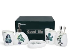 5 Piece Ceramic Bathroom Accessory Set with Botanical Pattern, Includes Soap ...